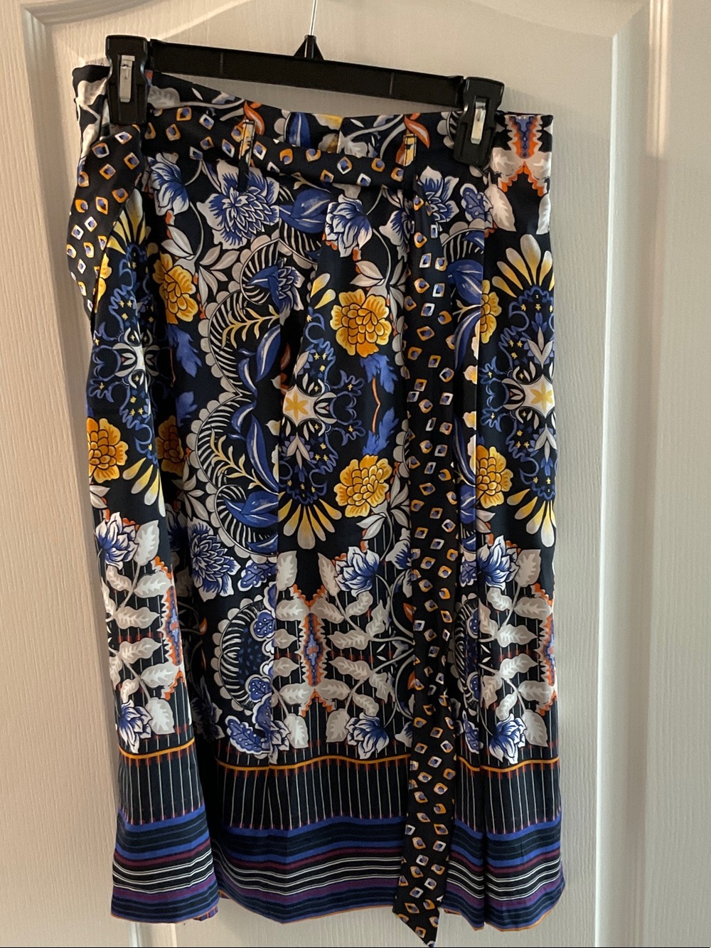 LOFT Navy Floral & Yellow Midi Skirt with Tie Waist